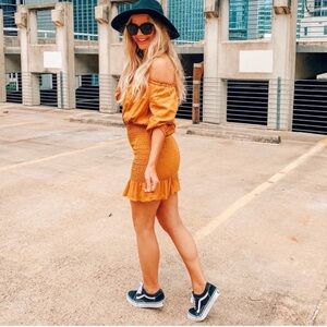 Zara Mustard Smocked Off-Shoulder Dress Boho Mini Size small